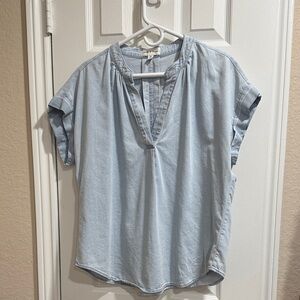 cloth & stone Light Blue Denim Split-Neck Short Sleeve Blouse